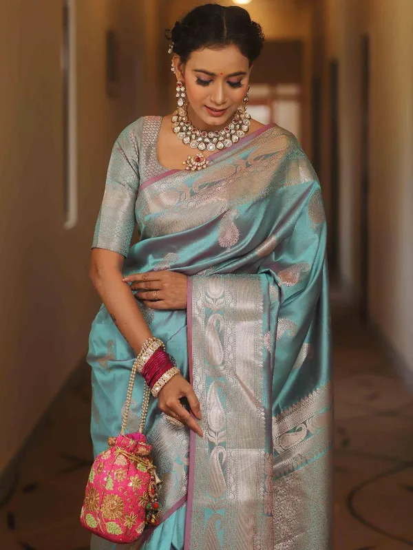 Premium_Olive_Blue_soft_Lichi_Silk_Saree_with_Paisley_Jacquard_Weaving_&_Rich_Zari_Pallu