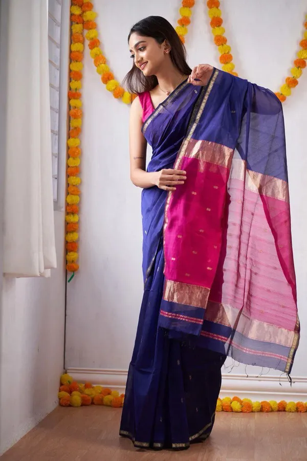 Premium_Soft_Lichi_Silk_Navy_Blue_&_Rani_Pink_Saree_with_Rich_Pallu_&_Jacquard_Border