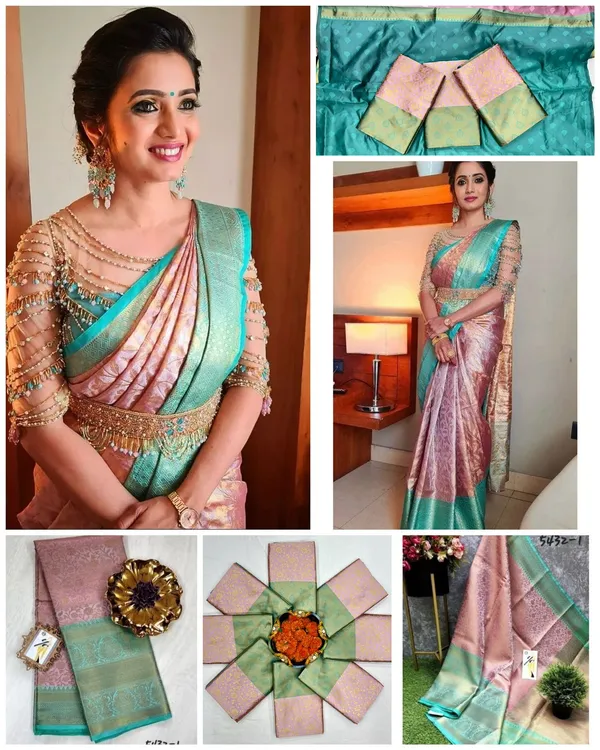 Premium_Soft_Lichi_Silk_Pink_&_Mint_Green_Jacquard_Saree_with_Rich_Zari_Border