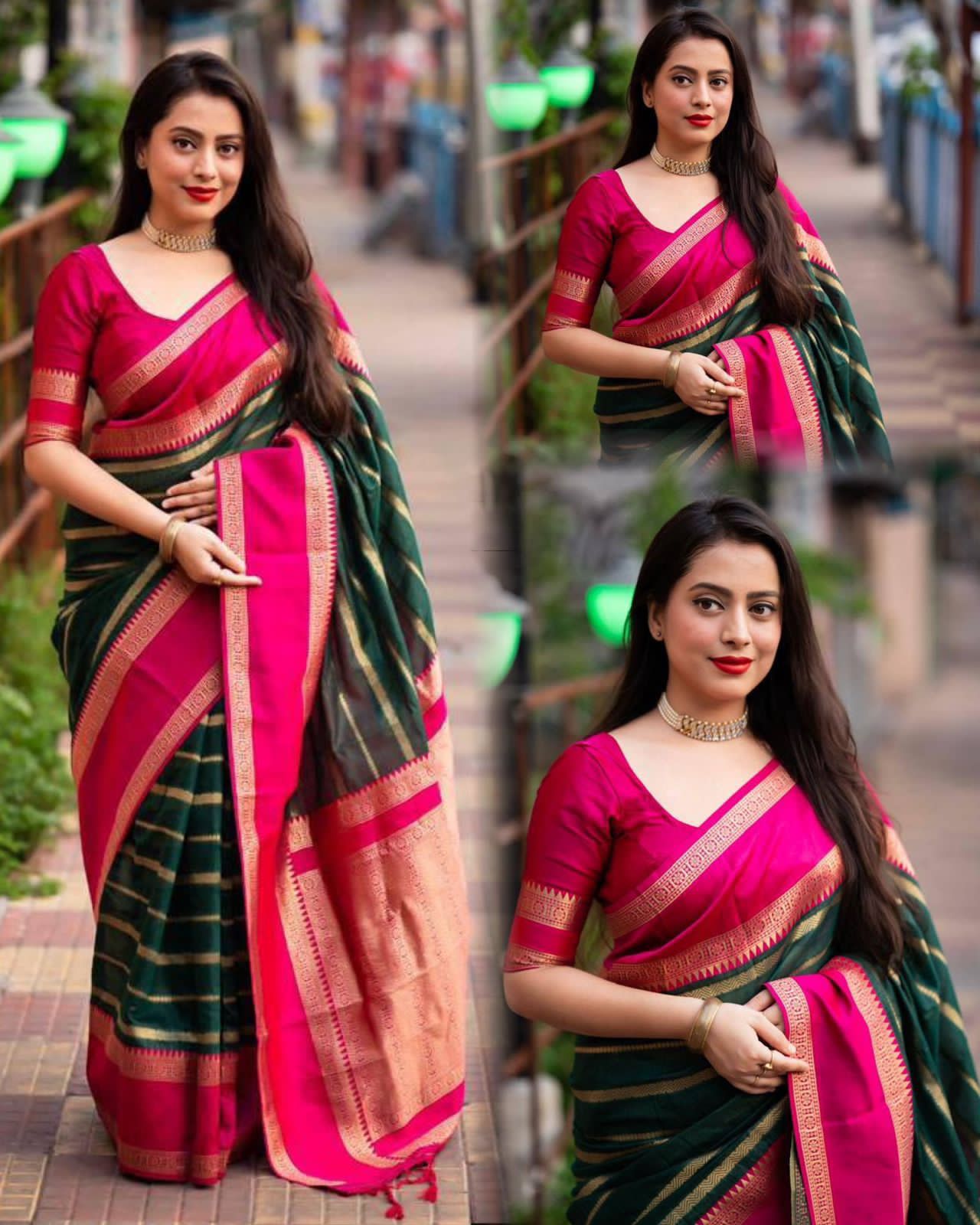 Premium_Soft_Lichi_Silk_Saree_with_Rich_Jacquard_Pallu_&_Designer_Border_–_Pink_&_Emerald_Green