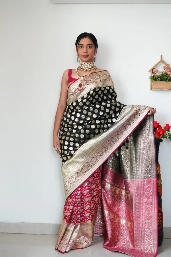 Premium_Soft_Lilan_Slab_Saree_with_All-Over_Golden_Weaving_&_Rich_Woven_Blouse
