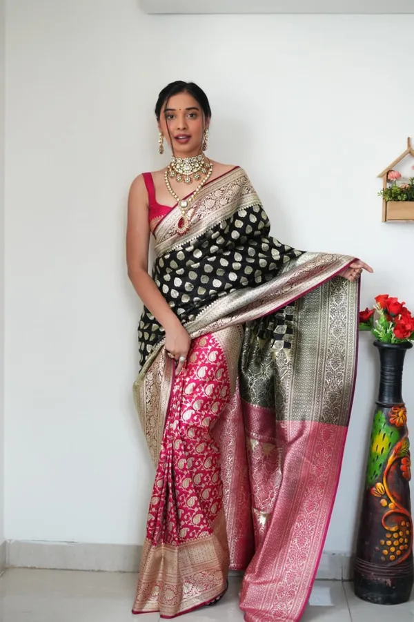 Premium_Soft_Lilan_Slab_Saree_with_All-Over_Golden_Weaving_&_Rich_Woven_Blouse