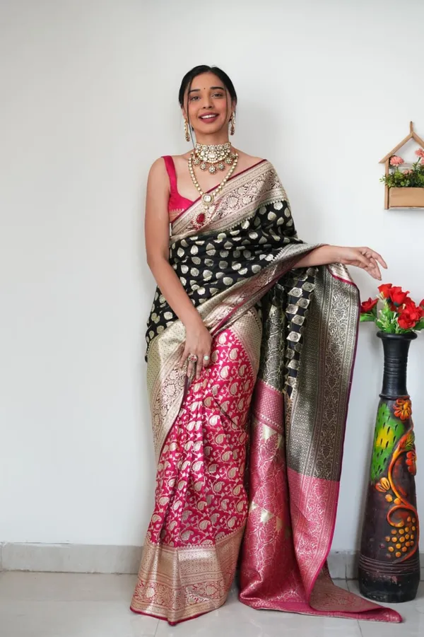 Premium_Soft_Lilan_Slab_Saree_with_All-Over_Golden_Weaving_&_Rich_Woven_Blouse