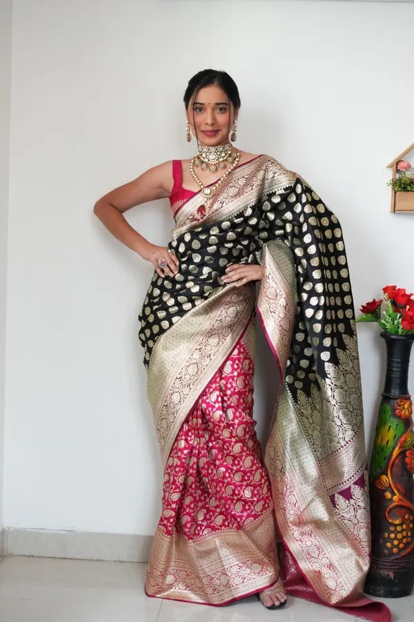 Premium_Soft_Lilan_Slab_Saree_with_All-Over_Golden_Weaving_&_Rich_Woven_Blouse