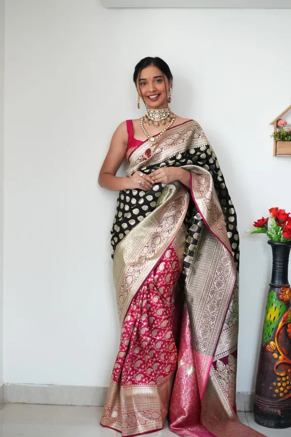 Premium_Soft_Lilan_Slab_Saree_with_All-Over_Golden_Weaving_&_Rich_Woven_Blouse