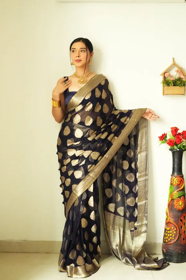 Premium_Soft_Lilan_Slub_Saree_with_All-Over_Golden_Weaving_&_Rich_Woven_Border