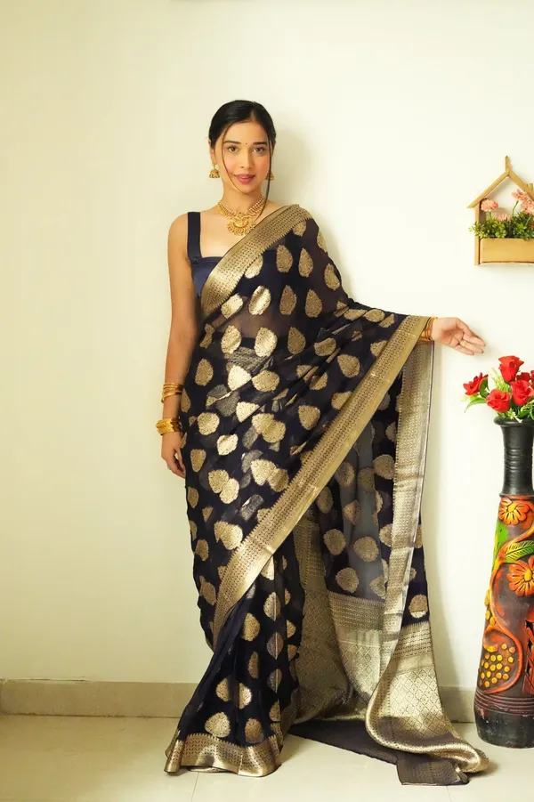 Premium_Soft_Lilan_Slub_Saree_with_All-Over_Golden_Weaving_&_Rich_Woven_Border