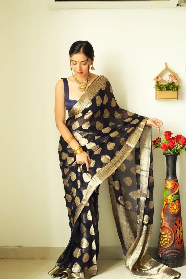 Premium_Soft_Lilan_Slub_Saree_with_All-Over_Golden_Weaving_&_Rich_Woven_Border