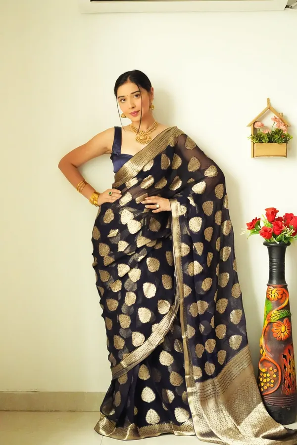 Premium_Soft_Lilan_Slub_Saree_with_All-Over_Golden_Weaving_&_Rich_Woven_Border