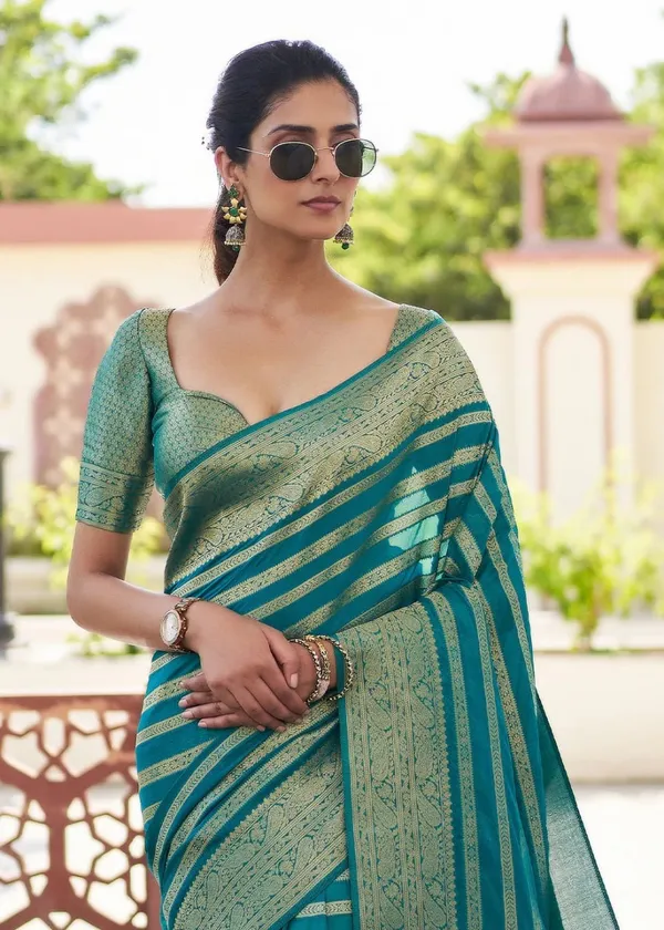 Premium_Teal_Green_Soft_Lichi_Silk_Saree_with_Golden_Jacquard_Stripes_&_Designer_Pallu