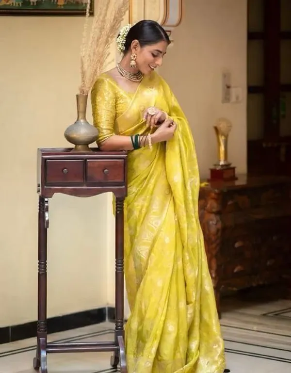 Premium_Yellow_Soft_Lichi_Silk_Saree_with_All-Over_Floral_Jacquard_Weave_&_Designer_Border