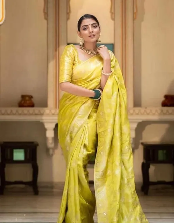 Premium_Yellow_Soft_Lichi_Silk_Saree_with_All-Over_Floral_Jacquard_Weave_&_Designer_Border