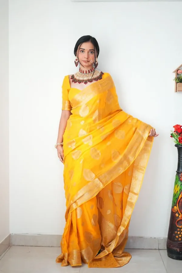 Premium_Yellow_Soft_Lilan_Slab_Saree_with_All-Over_Golden_Weaving_&_Rich_Woven_Blouse