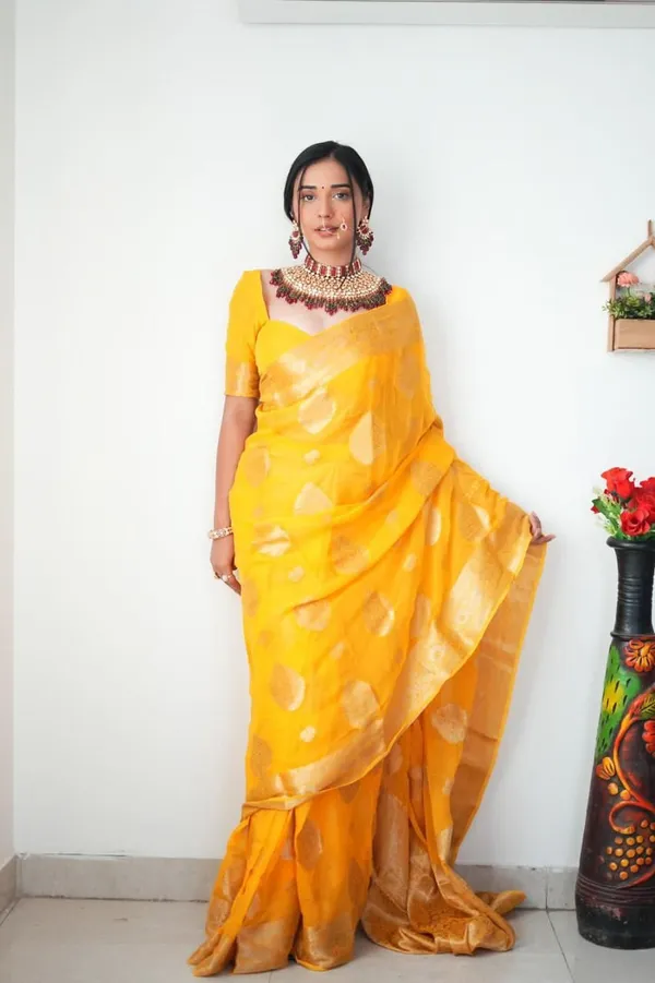 Premium_Yellow_Soft_Lilan_Slab_Saree_with_All-Over_Golden_Weaving_&_Rich_Woven_Blouse
