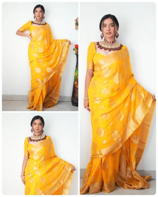 Premium_Yellow_Soft_Lilan_Slab_Saree_with_All-Over_Golden_Weaving_&_Rich_Woven_Blouse