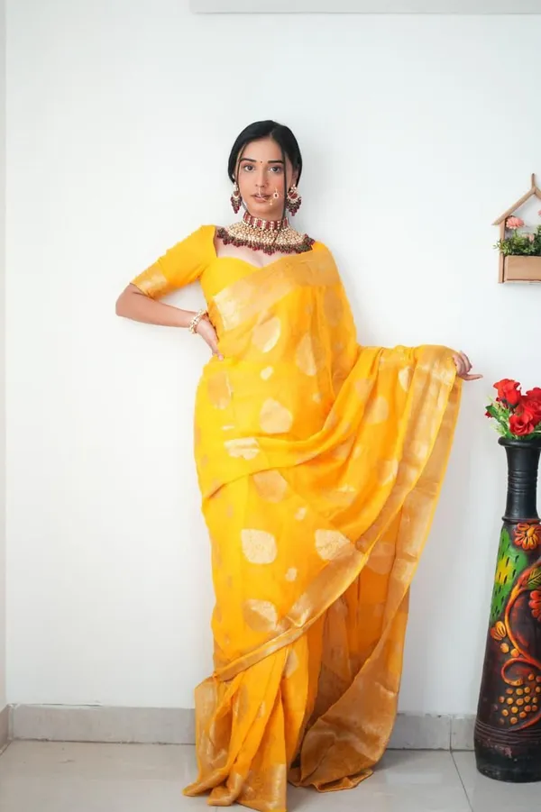 Premium_Yellow_Soft_Lilan_Slab_Saree_with_All-Over_Golden_Weaving_&_Rich_Woven_Blouse