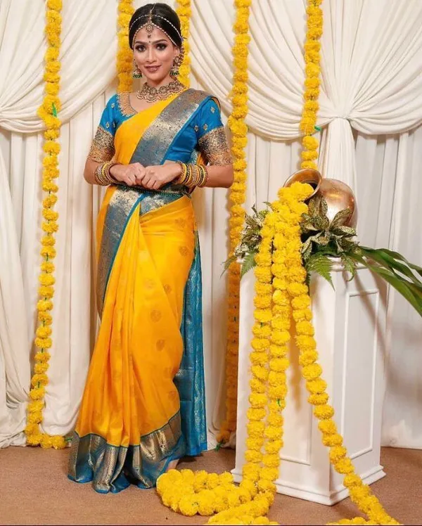 Premium_Yellow_&_Teal_Blue_Soft_Lichi_Silk_Jacquard_Saree