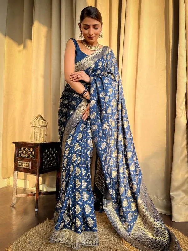 Royal_Blue_Floral_Jacquard_Lichi_Silk_Saree_with_Traditional_Zari_Border