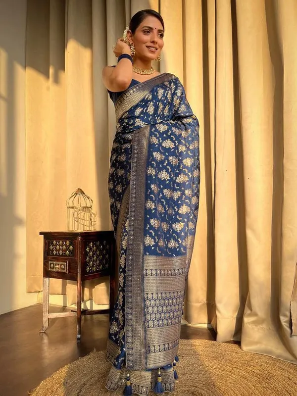 Royal_Blue_Floral_Jacquard_Lichi_Silk_Saree_with_Traditional_Zari_Border