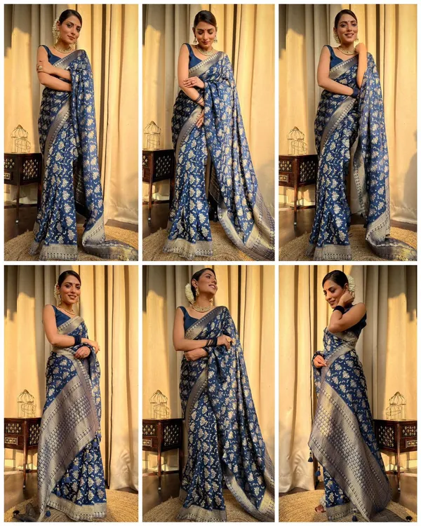 Royal_Blue_Floral_Jacquard_Lichi_Silk_Saree_with_Traditional_Zari_Border