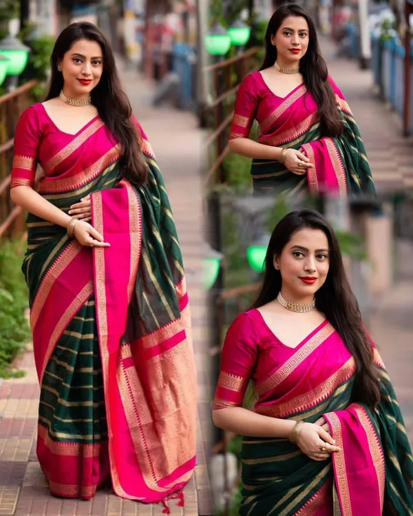Soft_Lichi_Silk_Saree_with_Rich_Jacquard_Pallu_&_Designer_Border_–_Hot_Pink_&_Emerald_Green