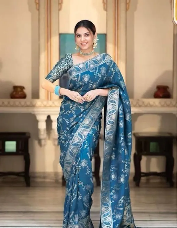 Teal_Blue_Soft_Silk_Jacquard_Saree_with_Floral_Woven_Design_&_Rich_Designer_Border