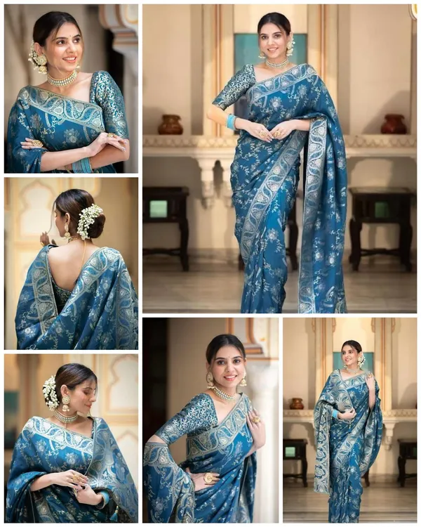 Teal_Blue_Soft_Silk_Jacquard_Saree_with_Floral_Woven_Design_&_Rich_Designer_Border