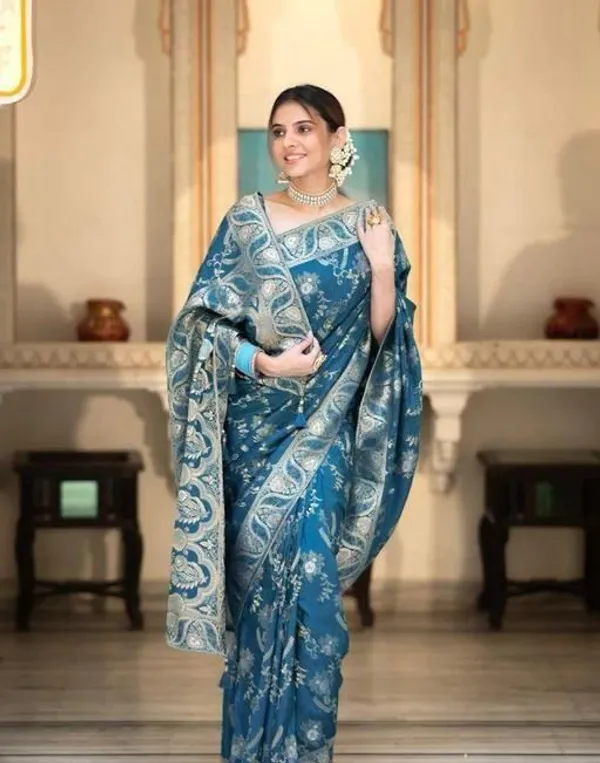 Teal_Blue_Soft_Silk_Jacquard_Saree_with_Floral_Woven_Design_&_Rich_Designer_Border