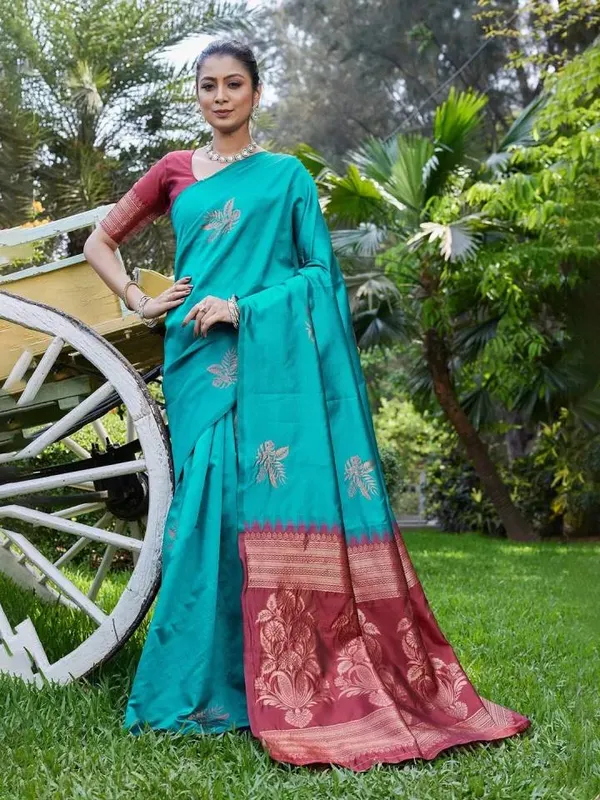 Teal_Blue_Soft_Silk_Saree_with_Floral_Motifs_&_Rich_Maroon_Designer_Border