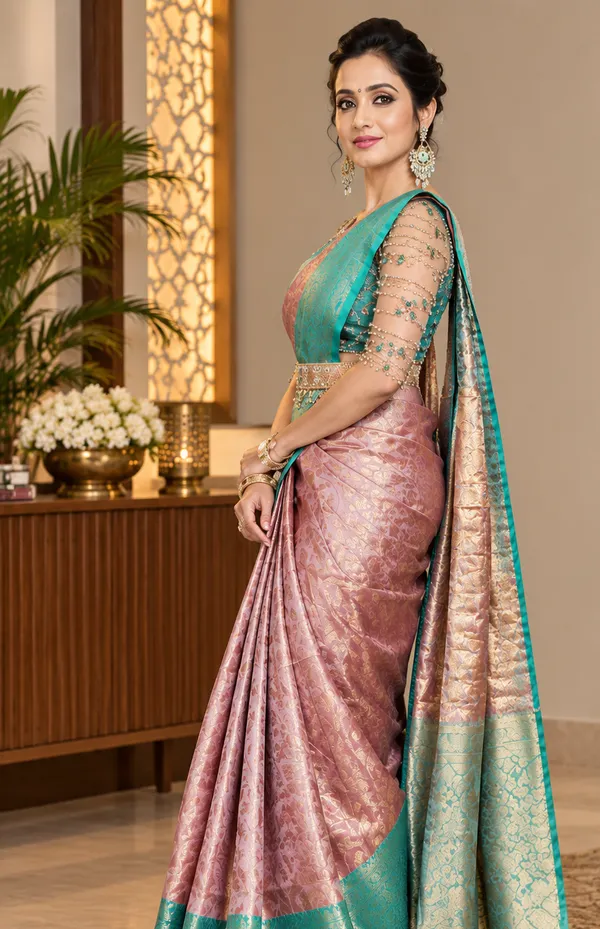 Pink_&_Mint_Green_Soft_Lichi_Silk_Jacquard_Saree_With_Matching_Blouse