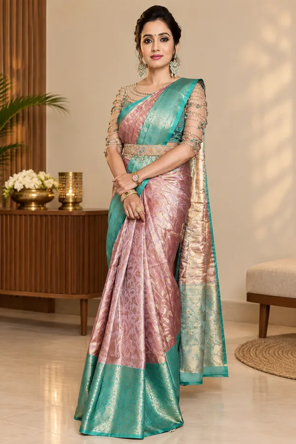 Pink_&_Mint_Green_Soft_Lichi_Silk_Jacquard_Saree_With_Matching_Blouse