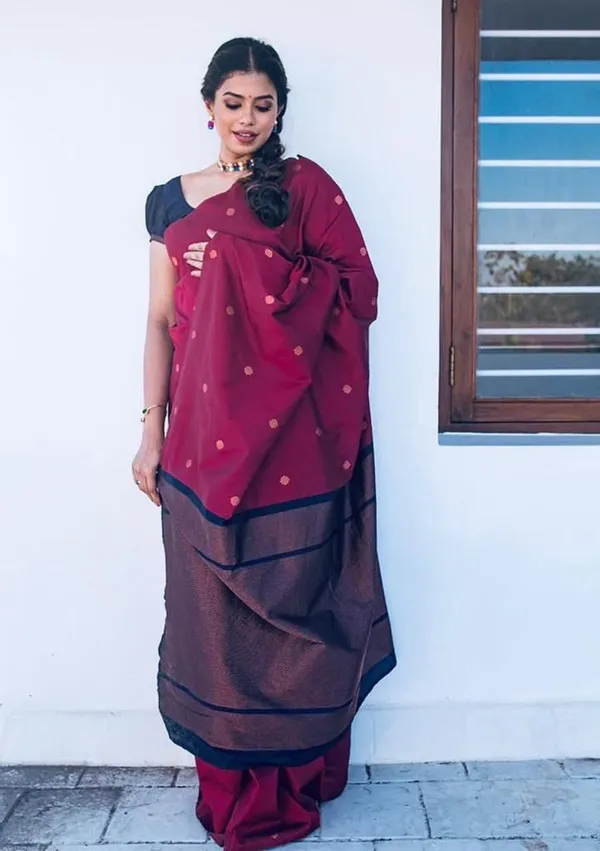 Wine_Maroon_Soft_Lichi_Silk_Saree_with_All-Over_Jacquard_Work_&_Rich_Woven_Pallu