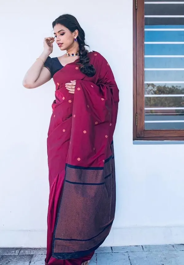 Wine_Maroon_Soft_Lichi_Silk_Saree_with_All-Over_Jacquard_Work_&_Rich_Woven_Pallu