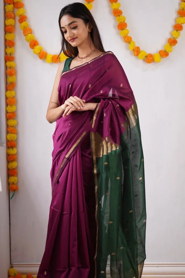 Wine_&_Green_Soft_Lichi_Silk_Saree_with_Rich_Jacquard_Pallu_&_Zari_Border