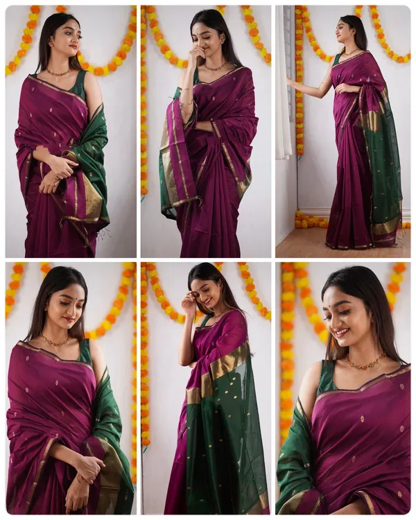 Wine_&_Green_Soft_Lichi_Silk_Saree_with_Rich_Jacquard_Pallu_&_Zari_Border