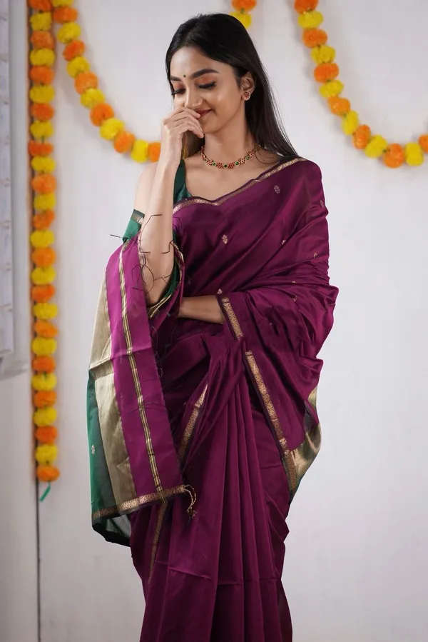 Wine_&_Green_Soft_Lichi_Silk_Saree_with_Rich_Jacquard_Pallu_&_Zari_Border