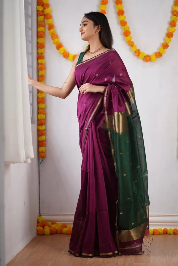 Wine_&_Green_Soft_Lichi_Silk_Saree_with_Rich_Jacquard_Pallu_&_Zari_Border