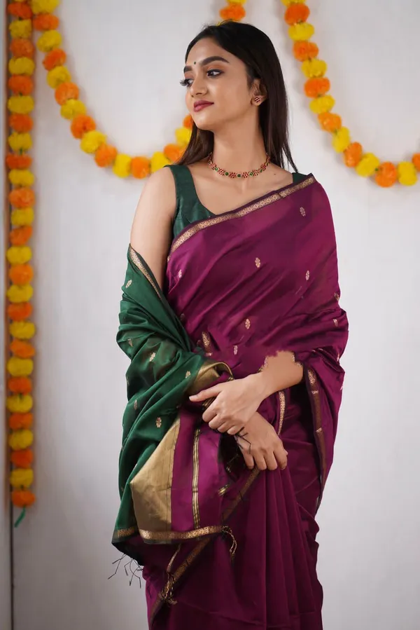 Wine_&_Green_Soft_Lichi_Silk_Saree_with_Rich_Jacquard_Pallu_&_Zari_Border