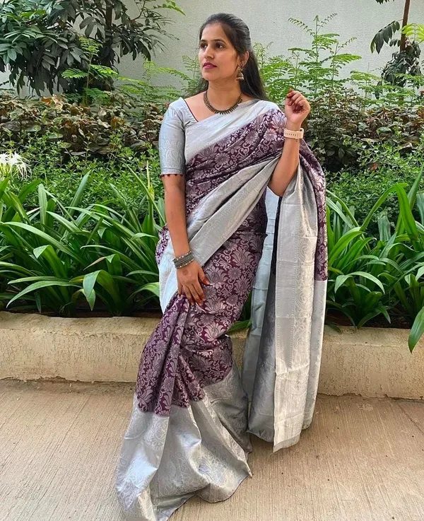 Wine_&_Silver_Soft_Lichi_Silk_Saree_with_All-Over_Jacquard_Work