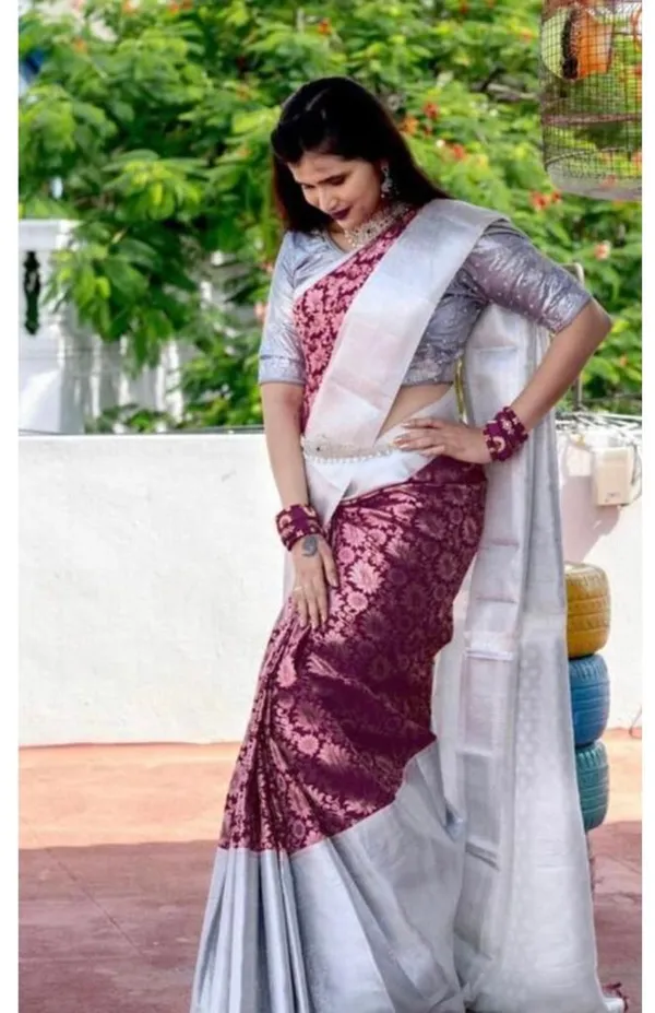 Wine_&_Silver_Soft_Lichi_Silk_Saree_with_All-Over_Jacquard_Work