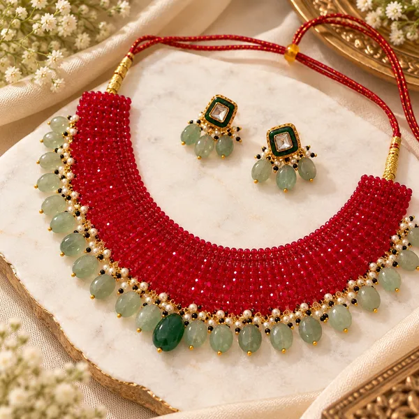 Netra_Red_Beaded__&_Green_Stones_Necklace_Set