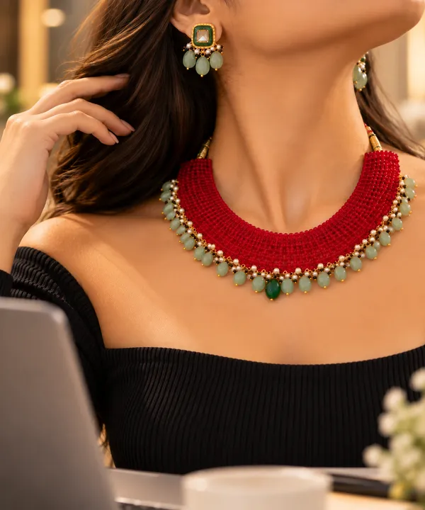 Netra_Red_Beaded__&_Green_Stones_Necklace_Set