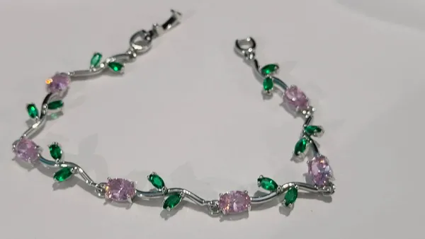 Tulip_Crystal_Vine_Bracelet_�_Silver_Plated_(Pink_&_Green)