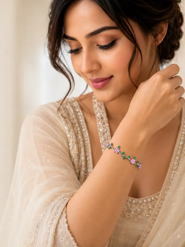 Tulip_Crystal_Vine_Bracelet_�_Silver_Plated_(Pink_&_Green)