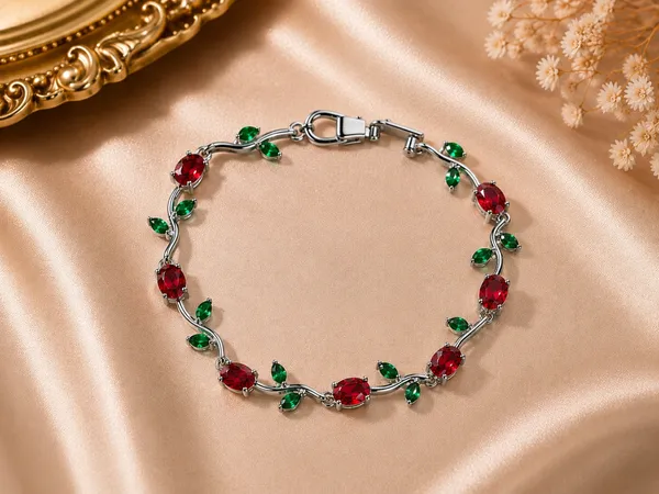Tulip_Crystal_Vine_Bracelet_�_Silver_Plated_(Red_&_Green)