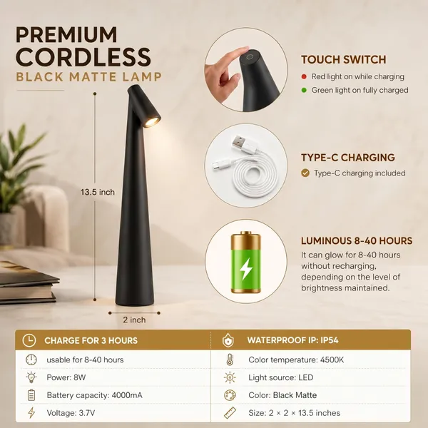 GISMO_Rechargeable_Cordless_Table_Lamp,_Portable_LED_Desk_Lamp_with_Touch_Control,_3_Color_Modes_&_Stepless_Dimming,_Long_Battery_Life,_Aluminium_Bedside_Lamp_for_Bedroom,_Office,_Dining_Table_Black