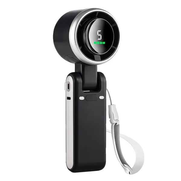 GISMO_Portable_Handheld_Fan_with_LED_Display,_3600mAh_USB_Rechargeable_Mini_Fan,_5_Speed_Adjustable_Turbo_Personal_Cooling_Fan,_Foldable_Desk_Fan_for_Travel/Office/Outdoor/Home_Use_-_Black