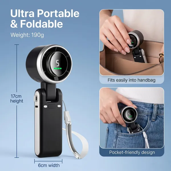 GISMO_Portable_Handheld_Fan_with_LED_Display,_3600mAh_USB_Rechargeable_Mini_Fan,_5_Speed_Adjustable_Turbo_Personal_Cooling_Fan,_Foldable_Desk_Fan_for_Travel/Office/Outdoor/Home_Use_-_Black