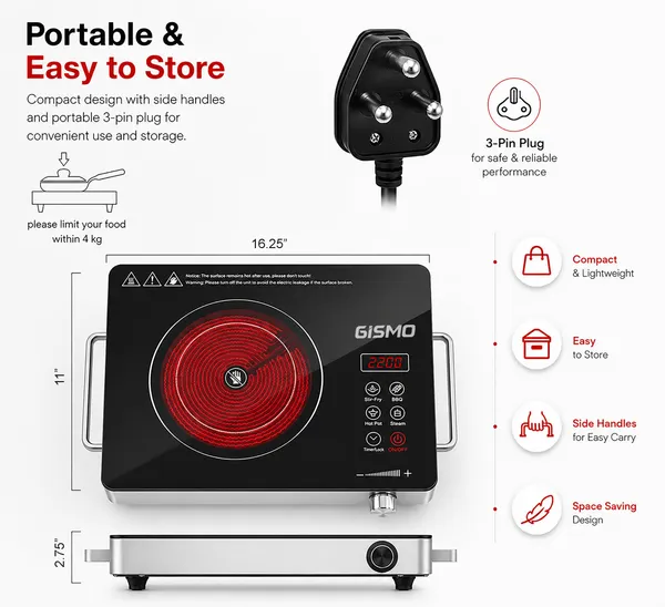 GISMO_2200W_Infrared_Cooktop_with_Touch_&_Knob_Control_|_Crystal_Glass_Top_|_7_Cooking_Modes_|_Digital_Display_|_Auto_Shut-Off_|_Compatible_with_All_Cookware_|_Portable_Electric_Cooking_Stove