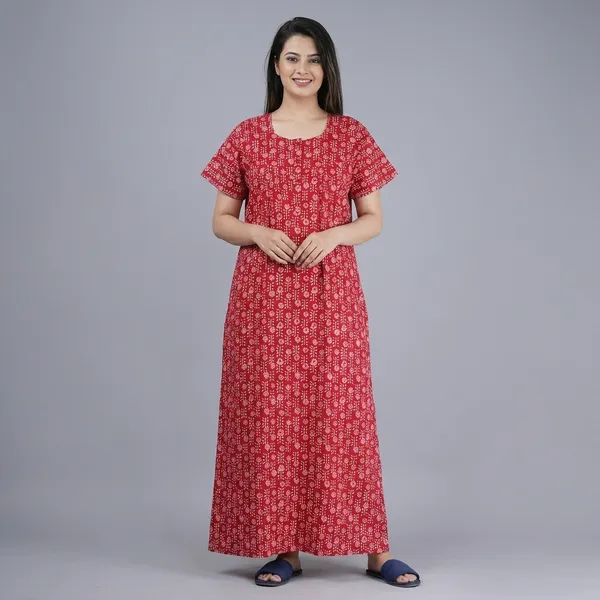 Red_Cotton_Floral_Print_A_Line_Nighty_For_Women